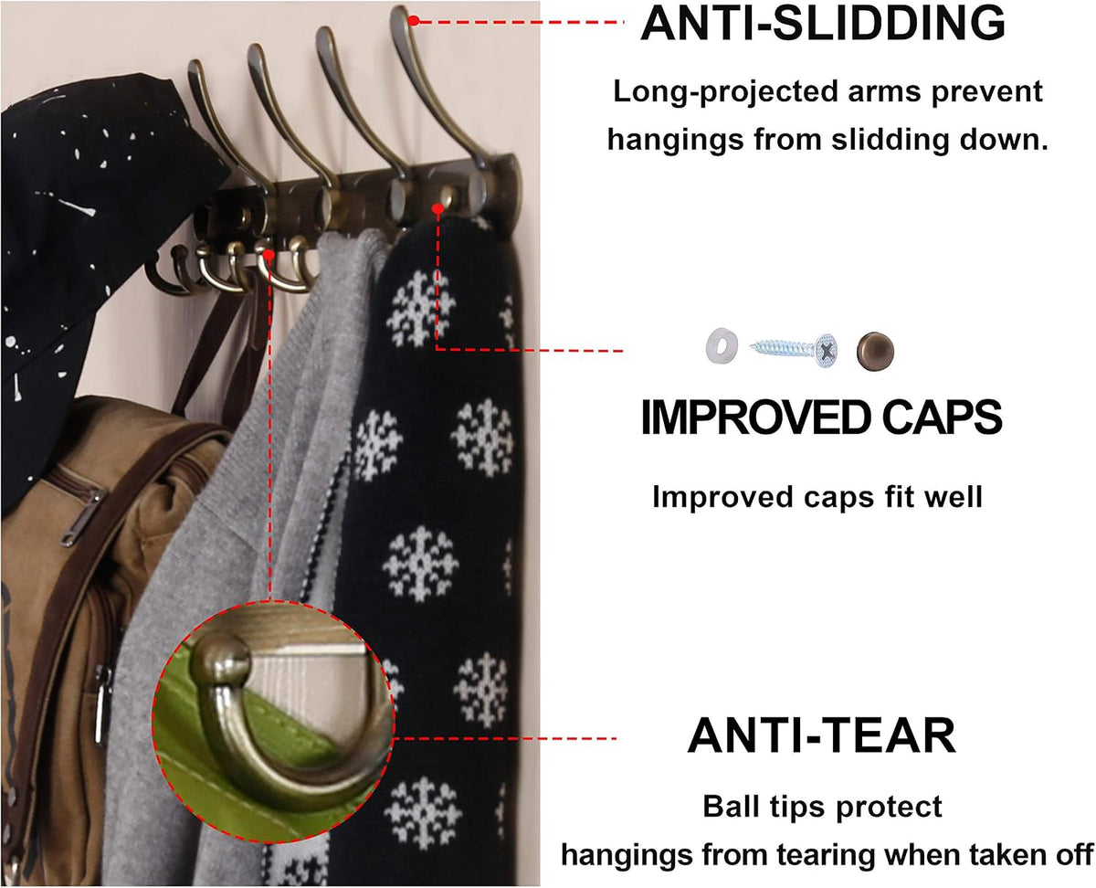 Wall Mounted Coat Rack - 5 Tri Hooks, Heavy Duty, Stainless Steel