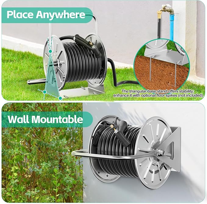 SPECILITE Stainless Steel Garden Hose Reel, Portable Outdoor Metal Wall - Image 4