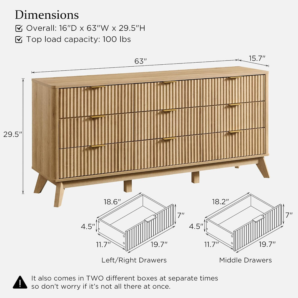 T4TREAM 63" Wide Fluted 9 Drawer Dresser for Bedroom, Natural Oak