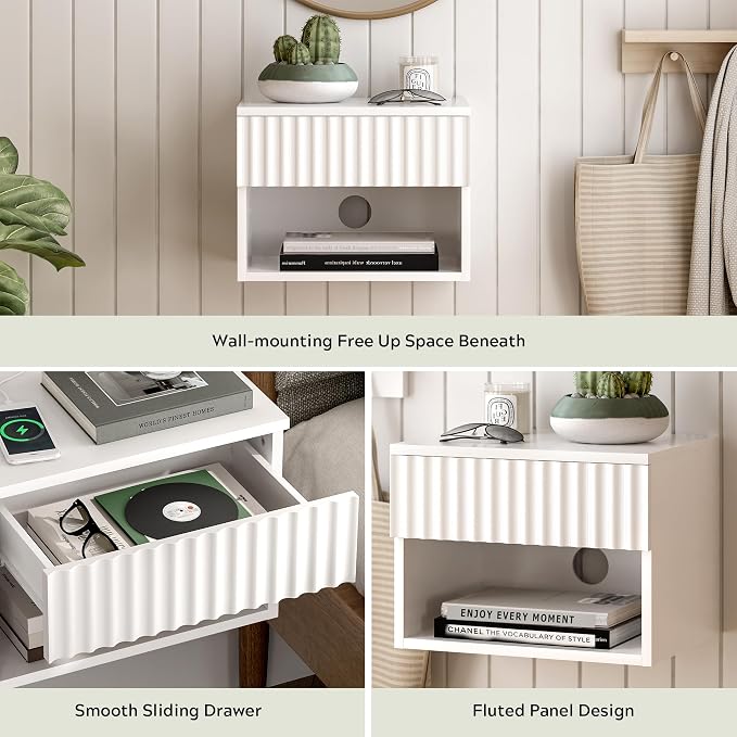 Small Floating Nightstand with Drawer, Modern Night Stand with Fluted Door and - Image 5