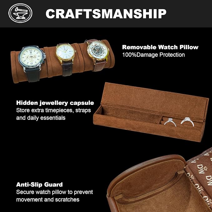 DUKWIN Watch Roll for 3 Watches, Vegan Leather Travel Watch Case Organizer - Image 3