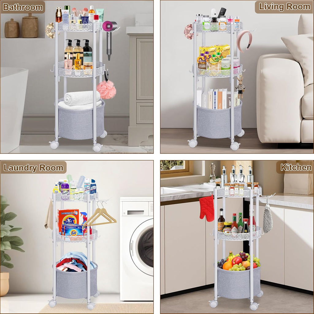 White Round Makeup Cart with Wheels, Rolling Vanity Organizer
