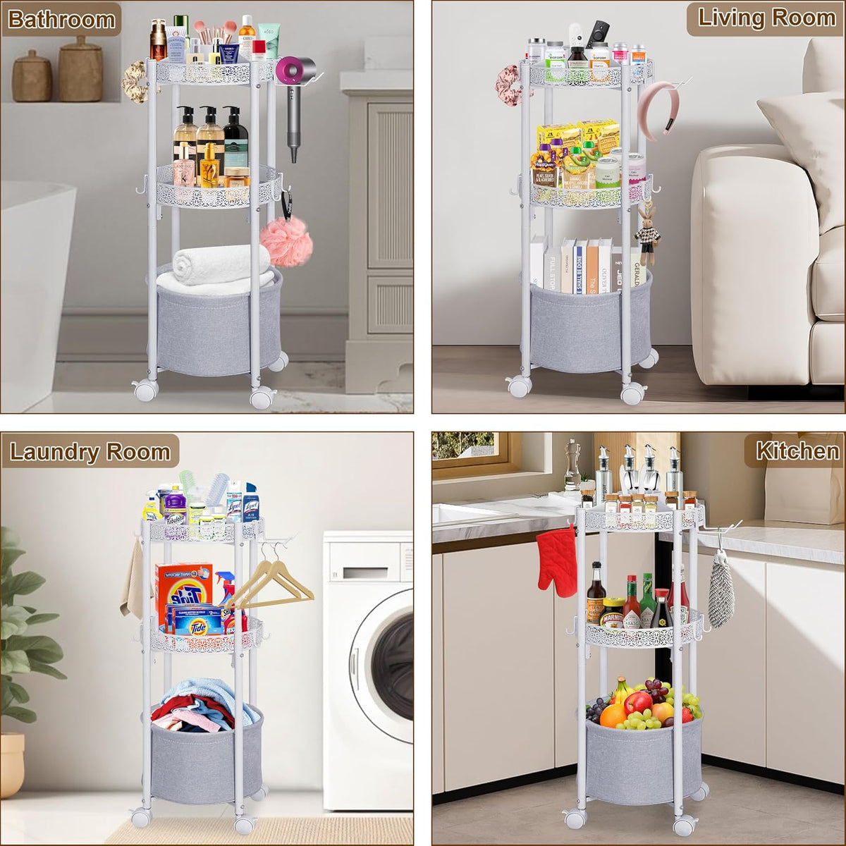 White Round Makeup Cart with Wheels, Rolling Vanity Organizer