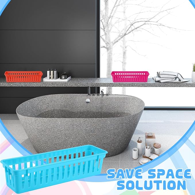 6 Pcs Colorful Slim Plastic Storage Baskets Tray 10 x 3 x 2.5 Inch Compact - Image 5