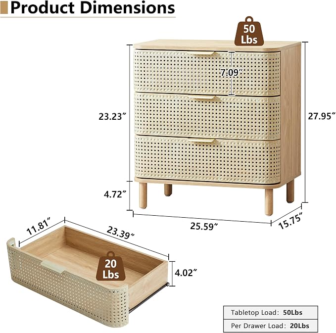 ORRD 3 Drawer Dresser, Modern Iron Rattan Cabinet Dresser - Image 2