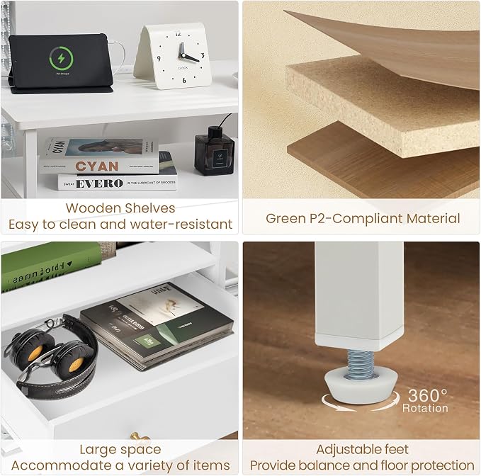 27 Inch Wide Night Stand with Charging Station, Wood Nightstand with Open Shelf - Image 4
