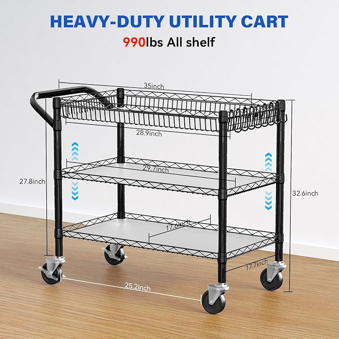 YNN Black Utility Rolling Cart, 990Lbs 3 Tier Heavy Duty Metal Cart - Image 6