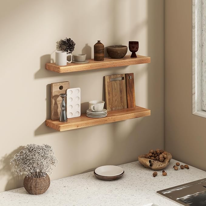 Fun Memories Rustic Elm Wood Floating Shelves, 30 Inch Wall Shelf Set of 2 - Image 2