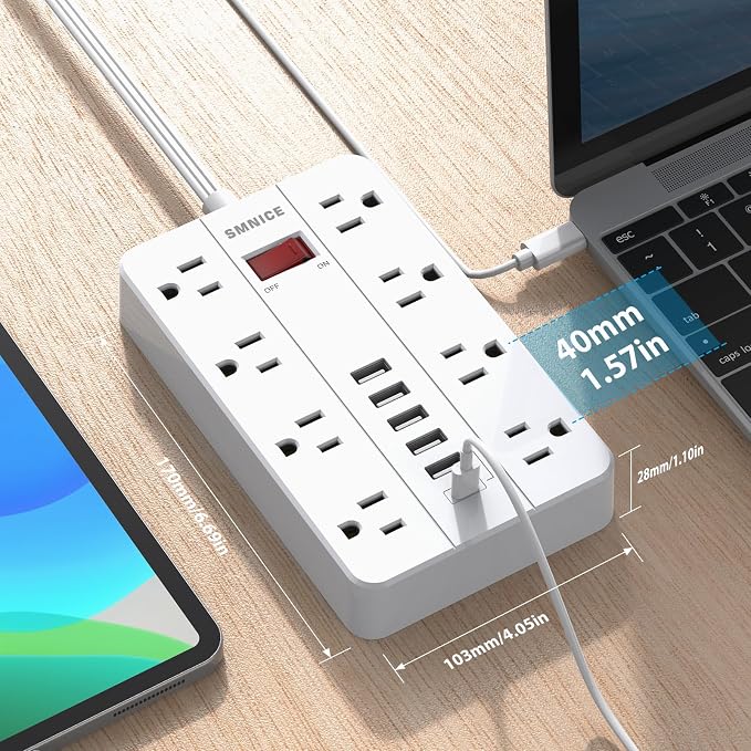 Power Strip Surge Protector, SMNICE Flat Plug Long Extension Cord 10 Ft - Image 4