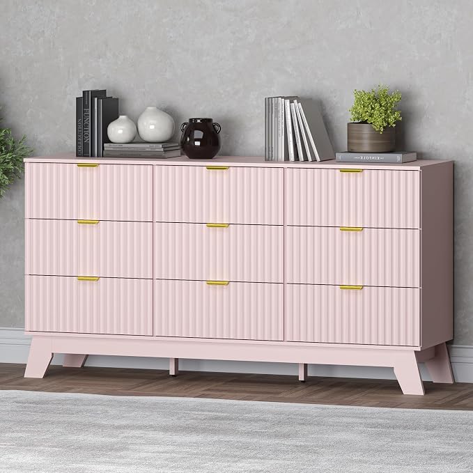 Fluted 9 Drawer Dresser, 57.1" Wide Modern Boho Chest of Drawers, Wooden by BORNOON