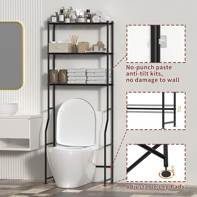 3-Tier Over The Toilet Storage, Freestanding Metal Bathroom Shelves, Space - Image 3
