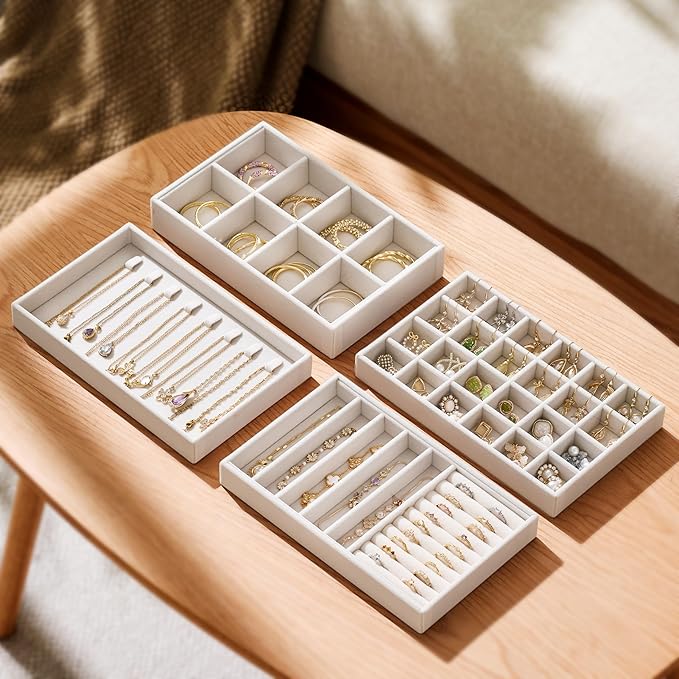 Velvet Jewelry Drawer Organizer Trays – Beige Stackable Jewelry Storage Inserts - Image 3