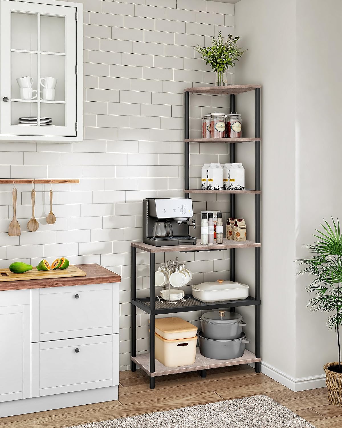 6-Tier Corner Shelf, Industrial Corner Bookshelf with Desk Top