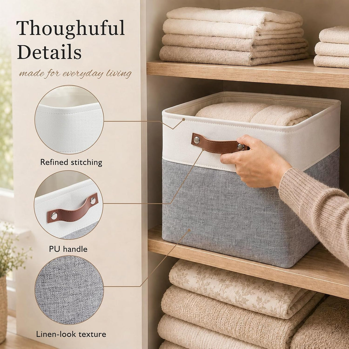 Fabric Storage Cubes 11", 6 Pack, with PU Pull Handles,Foldable