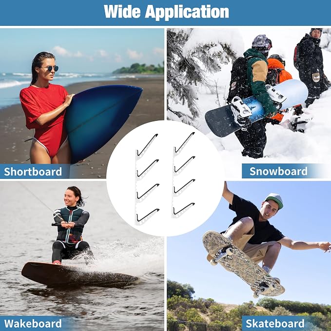 4 Board Surf Rack Wall Mount for Surfboard, Snowboard Storage Adjustable Wall - Image 6