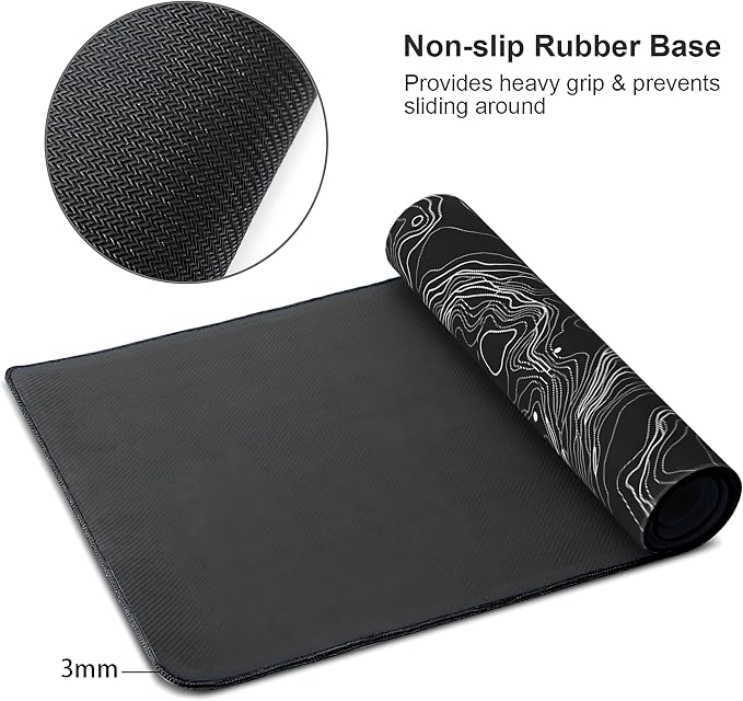 Black with White Topographic Line Large Mouse Pad, Gaming Keyboard Desk Pad - Image 4