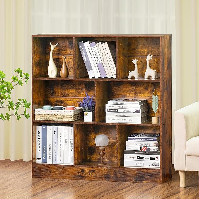 LEYAOYAO 8 Cube Bookshelf with Base, 3 Tier Mid-Century Modern Brown Bookcase - Image 7