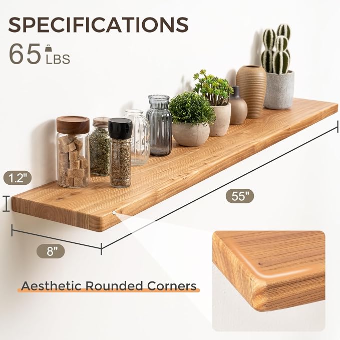 Fun Memories 55 Inch Wood Floating Shelves, Natural Elm Wood Floating Shelf - Image 3