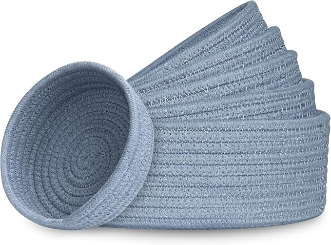 Small Shelf Storage Baskets for Organizing, 6 Pack Round Cotton Rope Bins by Cazzon