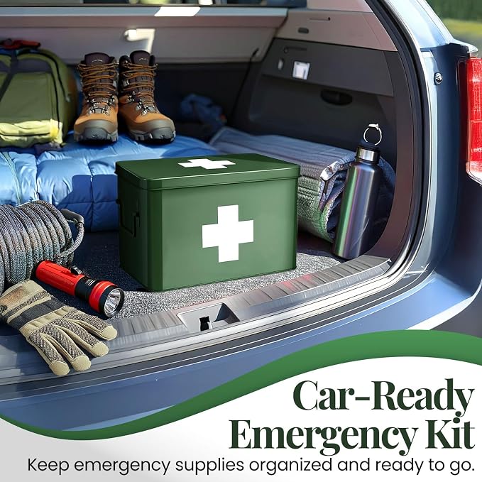 Flexzion First Aid Box Organizer Empty 13" Green Vintage First Aid Kit Tin - Image 9