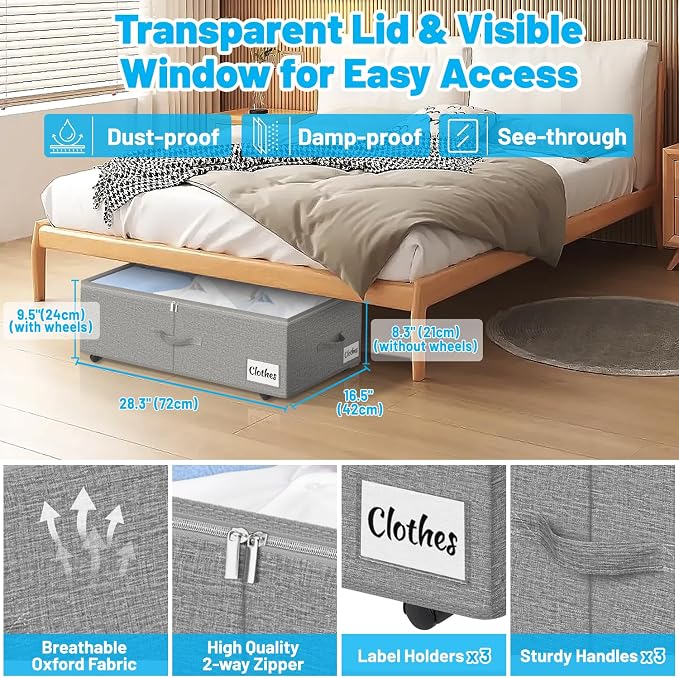 2 Pack Under Bed Storage with Wheels 10" Height, Rolling Storage Bins XXL 60L - Image 3