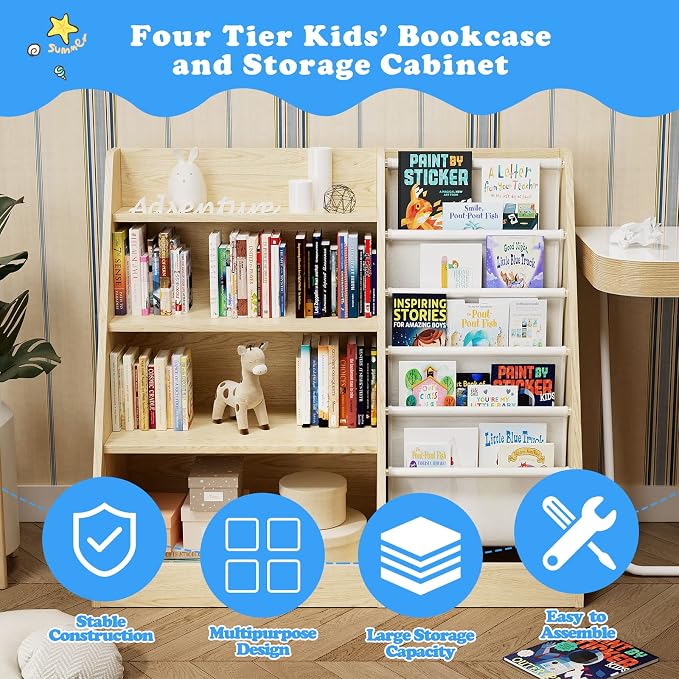 4 Tier Kids Wooden Bookshelf, Five Layer Sling Children Bookcase, Baby Storage - Image 4