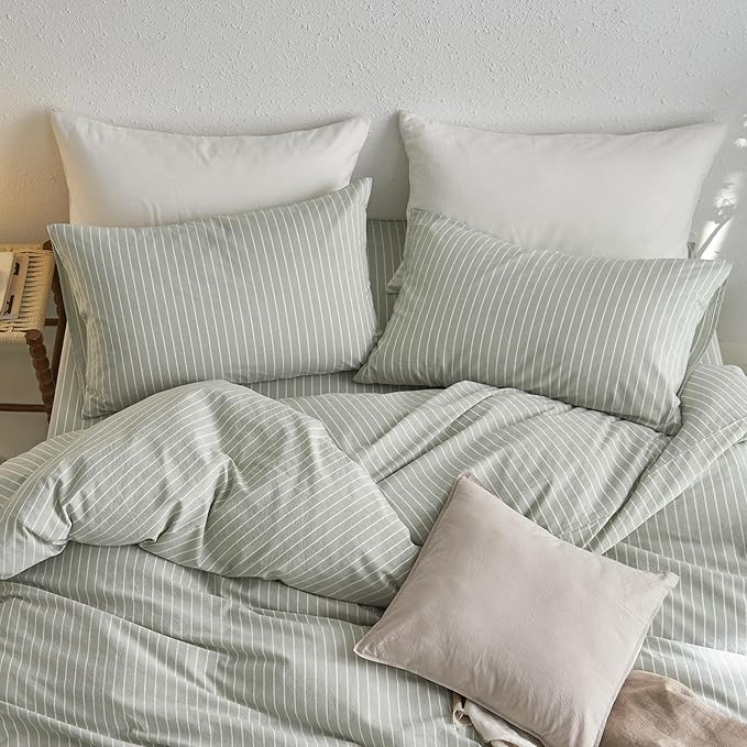 MooMee Bedding Pillowcases Striped Pack of 2 100% Washed Cotton Linen Like - Image 4