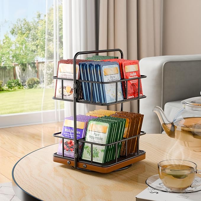 Rotation 2 Tier Tea Bag Organizer, Iron Art Tea Organizers, Acacia Wood Stand - Image 5