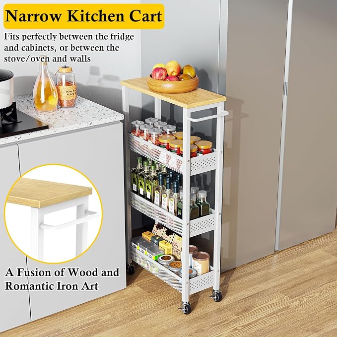 Utility Slim Storage Cart, 4 Tier Small Rolling Kitchen Laundry Room Cart - Image 4