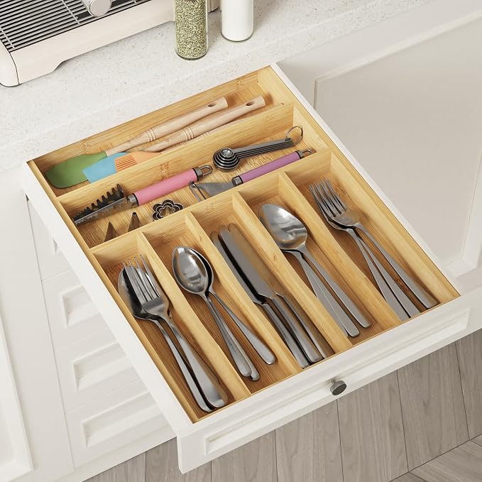 BAMEOS Bamboo Silverware Drawer Organizers, 11.9 inch Utensil Drawer Organizer - Image 5