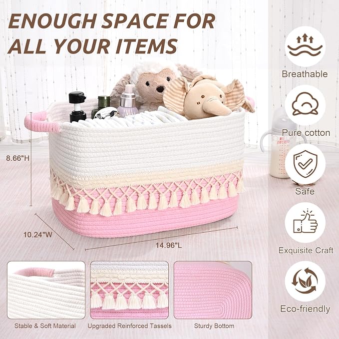 2 Pack Storage Basket for Shelves, Boho Cotton Rope Storage Bins - Image 5