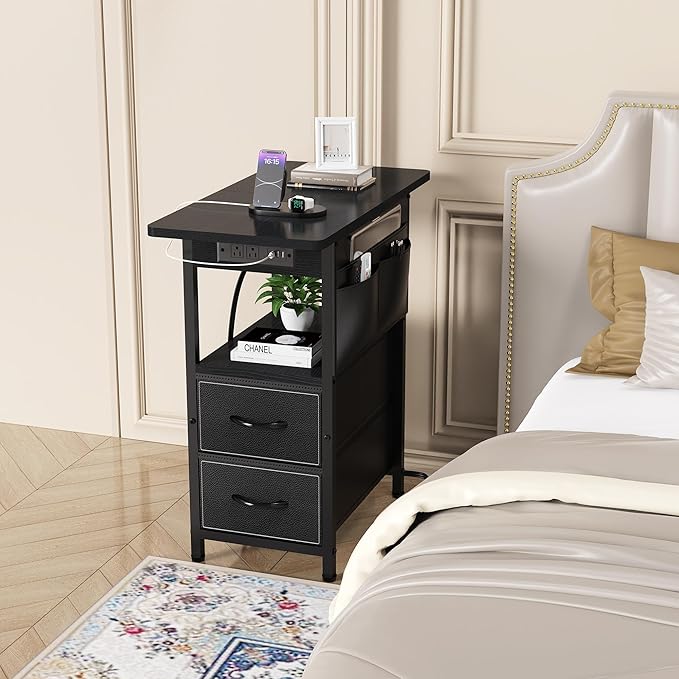 Small Side Table with Charging Station, Narrow Nightstand Bedside Tables with - Image 2