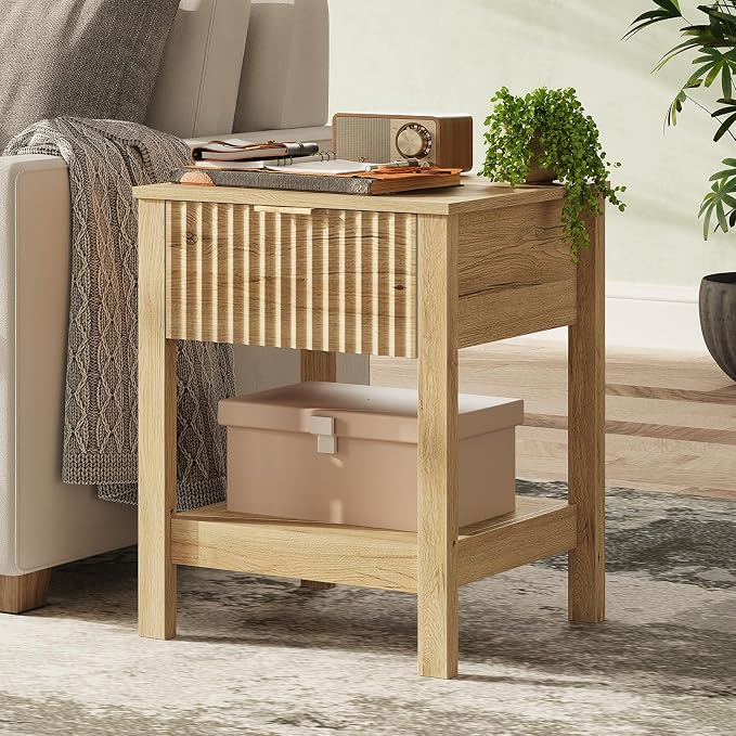 Fluted Night Stand with Golden Handle, Mid-Century Nightstands with Drawer by TROJMHome
