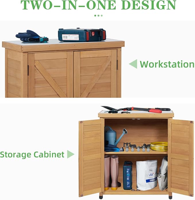 Outdoor Potting Bench with Storage Cabinet and Metal Top, Wood Workstation - Image 3