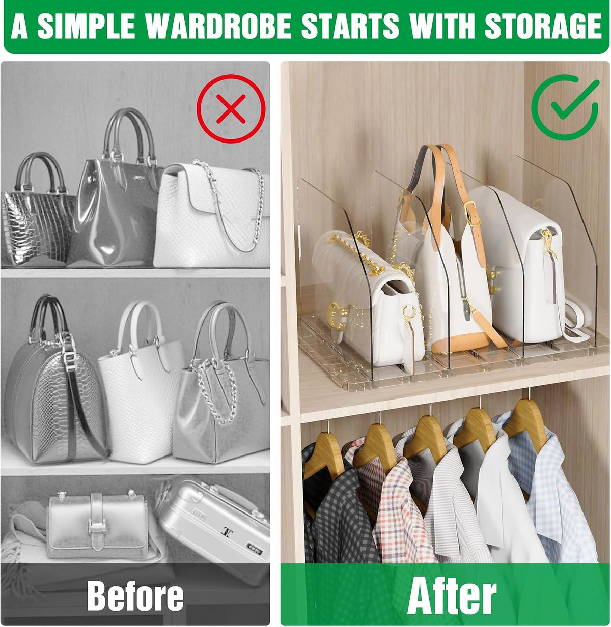 Bag & Purse Organizer for Closet, 4 Sets Adjustable Clear Handbag