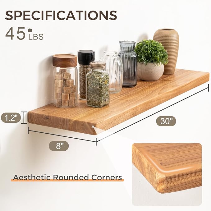 Floating Shelves 30" W x 8" D, Solid Elm Wood Shelves - Image 3