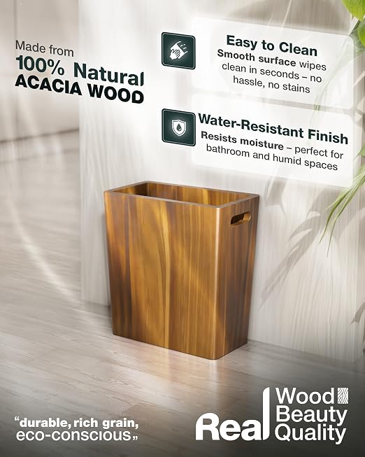 BLUEWEST 2.6 Gallons Wooden Wastebaskets – Solid Acacia Wood Trash Can - Image 2