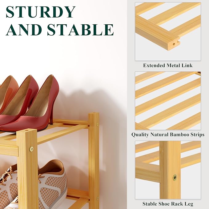 Smiry Bamboo Shoe Rack for Closet, 4 Tier Small Wooden Stackable Shoe Organizer - Image 3