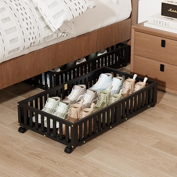 Bamboo Under Bed Storage with Wheels, Rolling Underbed Shoe Organizer Box by Bambooflow