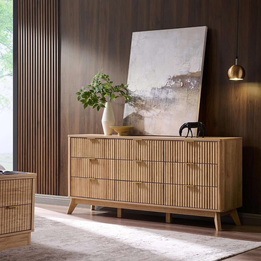 T4TREAM 63" Wide Fluted 9 Drawer Dresser for Bedroom, Natural Oak