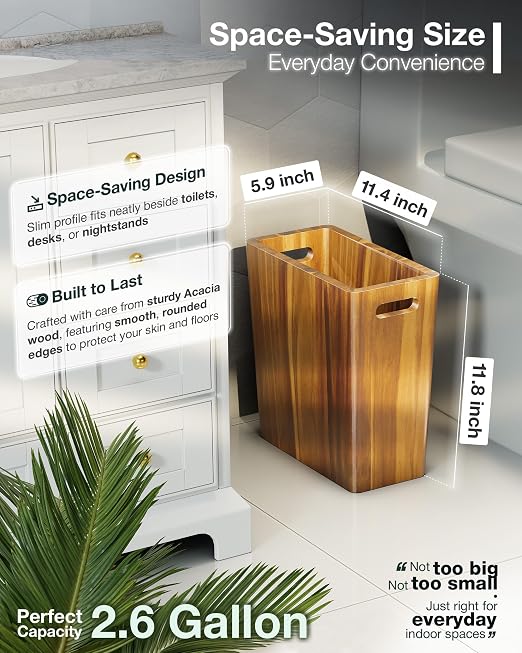 BLUEWEST 2.6 Gallons Wooden Wastebaskets – Solid Acacia Wood Trash Can - Image 4