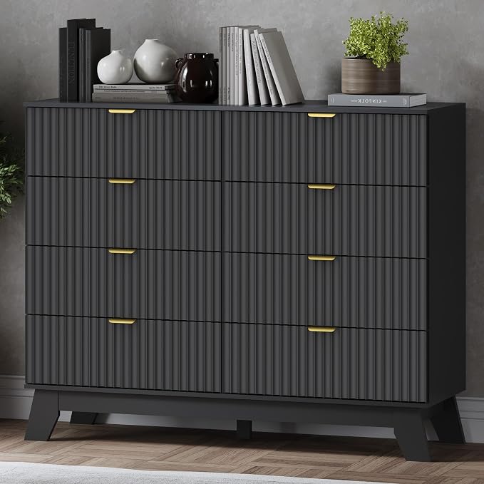 Fluted 8 Drawer Tall Dresser, 47.2" Wide Modern Boho Chest of Drawers, Wooden by BORNOON