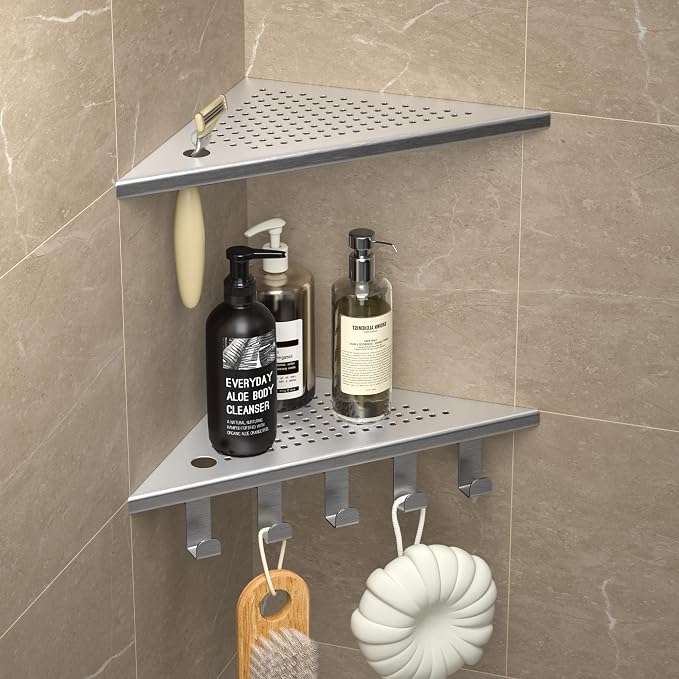 Grout in Shower Shelves with Hooks, 304 Stainless Steel Corner Bathroom Shelf - Image 7