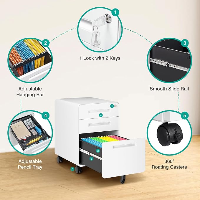 3 Drawer File Cabinet with Lock, Under Desk File Cabinet, Three Drawer Filing - Image 6
