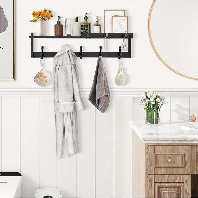 29'' Coat Rack Wall Mount with Shelf, Coat Hanger Wall Mount with Key Hooks and - Image 4