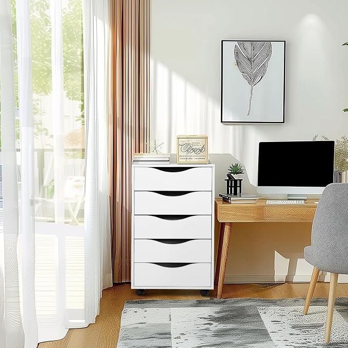 QDSSDECO 5 Drawer Chest Wood File Cabinet Rolling Storage Dresser - Image 5