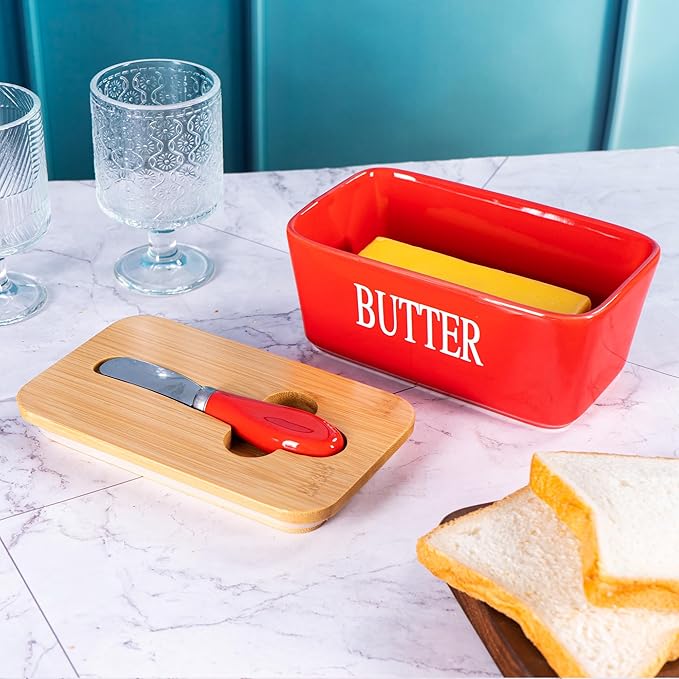 Red Butter Dish with Lid for Countertop, Large Ceramic Covered Butter Stick - Image 4