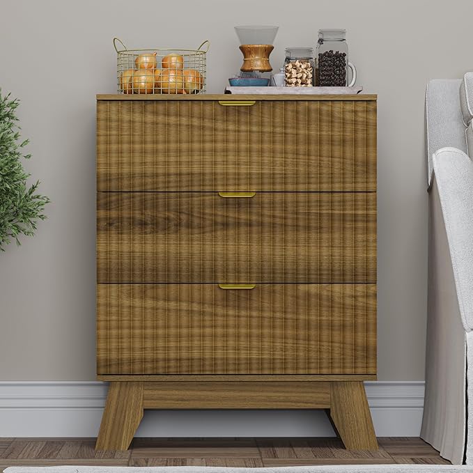 Fluted 3 Drawer Dresser, 30.3" Tall Compact Modern Boho Chest of Drawers - Image 3