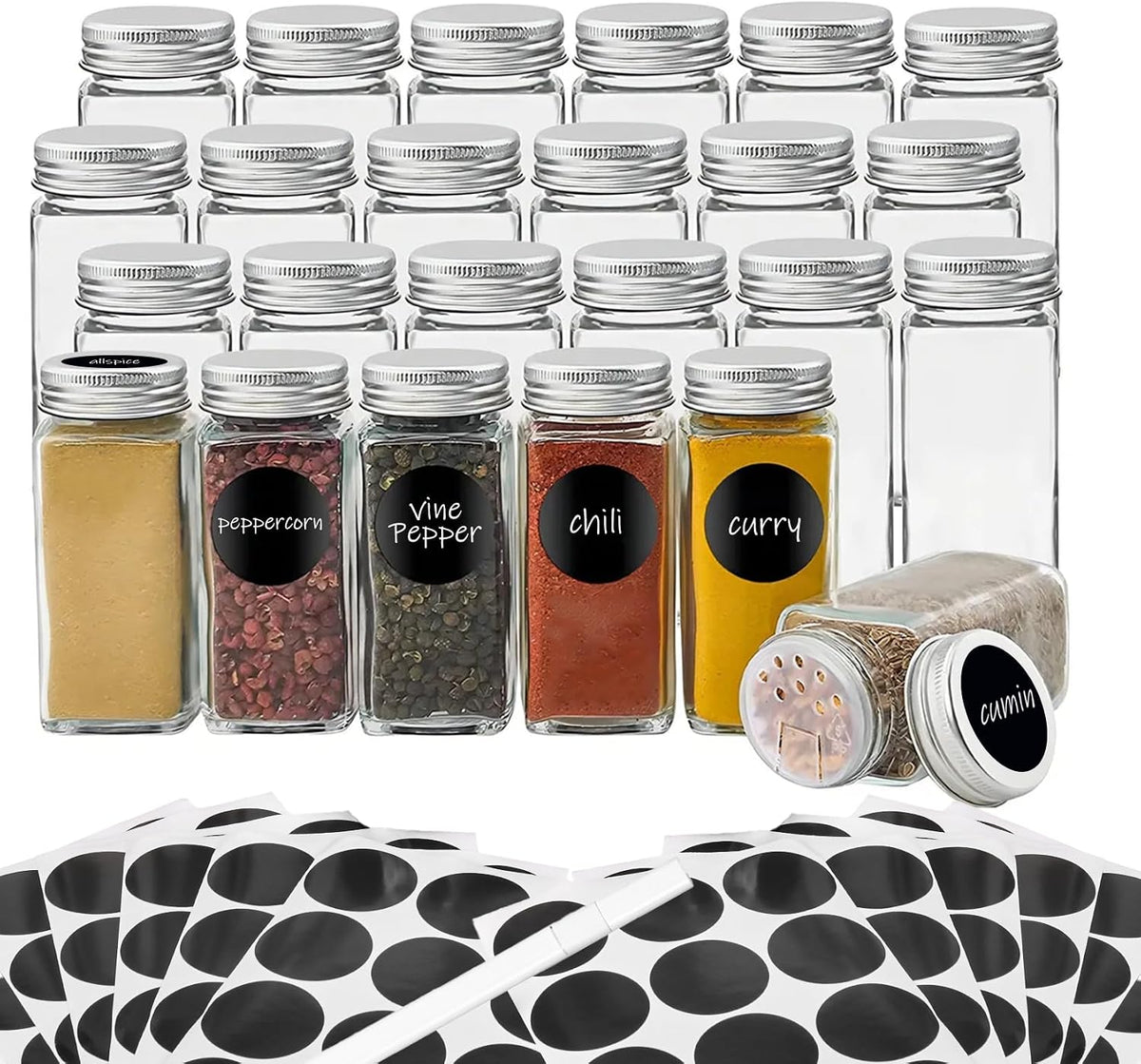 24Pcs Spice Jars with Label, 4oz Empty Square Seasoning Containers