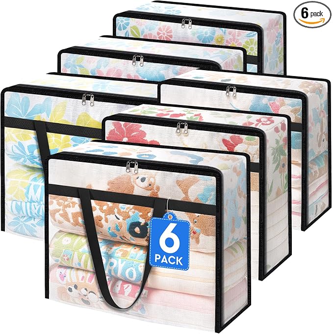 BlissTotes 6 Pack Clear Clothes Storage Bags, Moving Bags, Foldable Blanket by BlissTotes